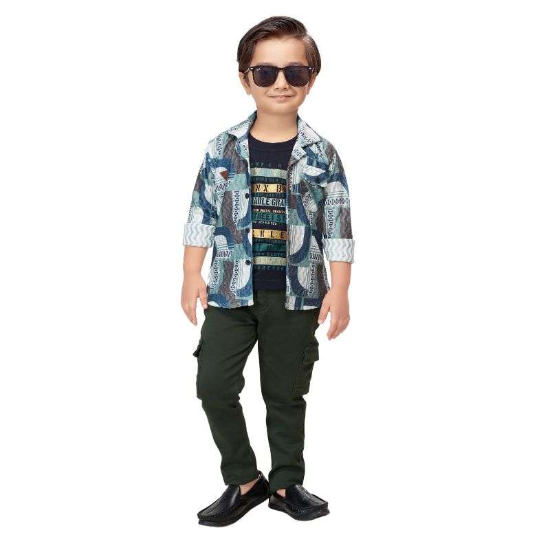 Boy wearing stylish 3-piece outfit with printed shirt, graphic tee, and cargo pants – birthday and casual wear for kids