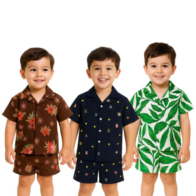 Boys Printed Shirt & Shorts Combo – Pack of 3 Stylish Co-ord Sets